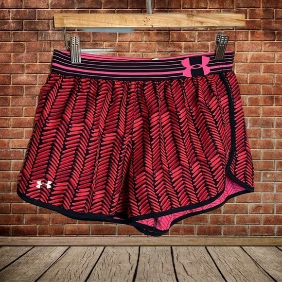 UNDER Armour Run Red Black Print Neon Pink HeatGear Shorts - Size small - Picture 1 of 3